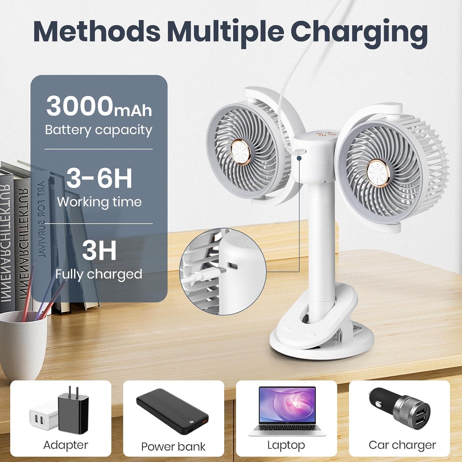 Ventilador de Clip Doble Cabeza Keledz Y-6 Recargable 360°