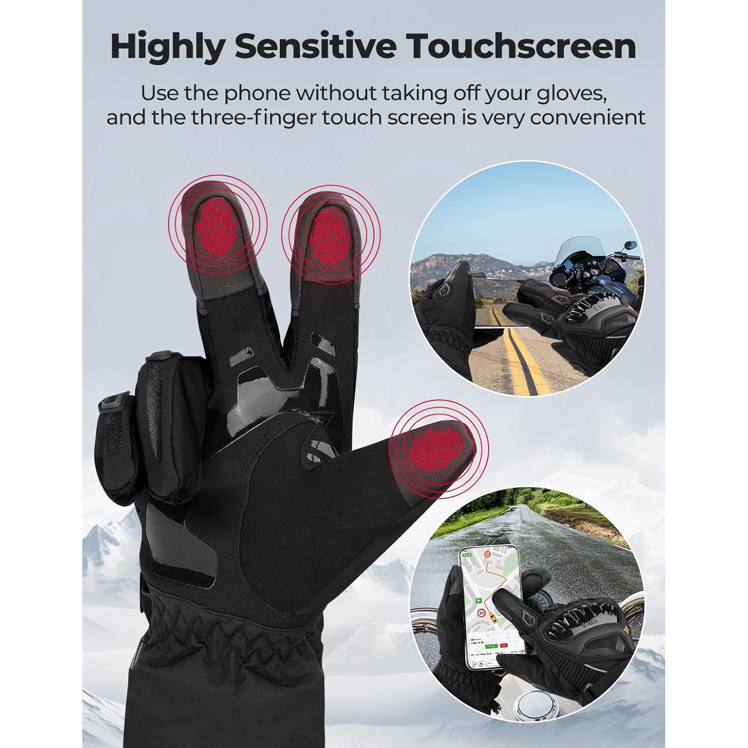 Guantes de Moto KEMIMOTO Invierno Impermeables Táctiles Negros