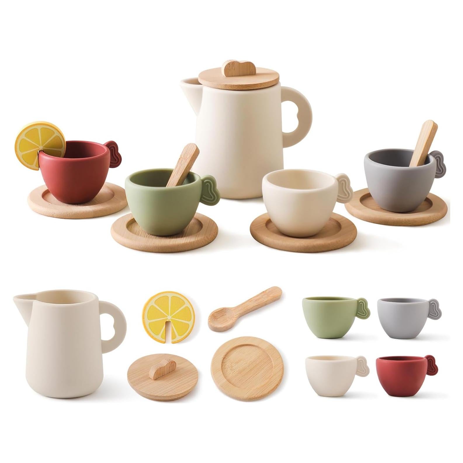 Juego de té de madera Ikubigu 12 piezas para niños