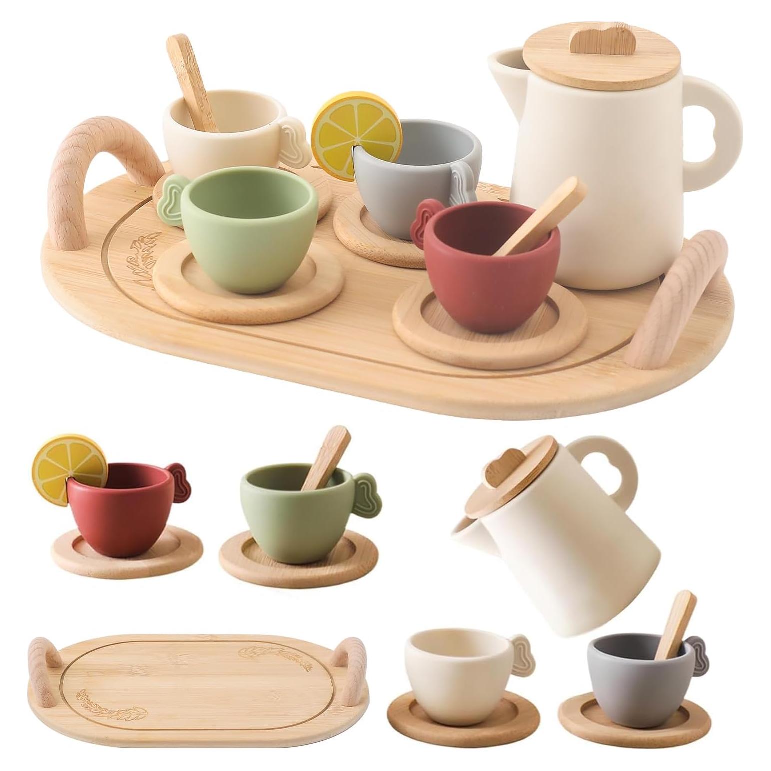 Juego de té de madera Ikubigu 13 piezas para niños