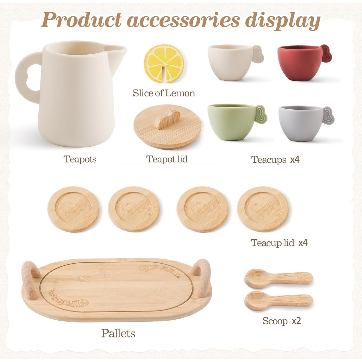 Juego de té de madera Ikubigu 13 piezas para niños