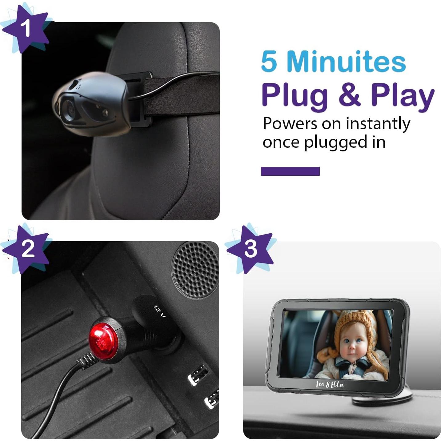 Cámara de Auto para Bebés Leo y Ella 5" 1080P con Visión Nocturna