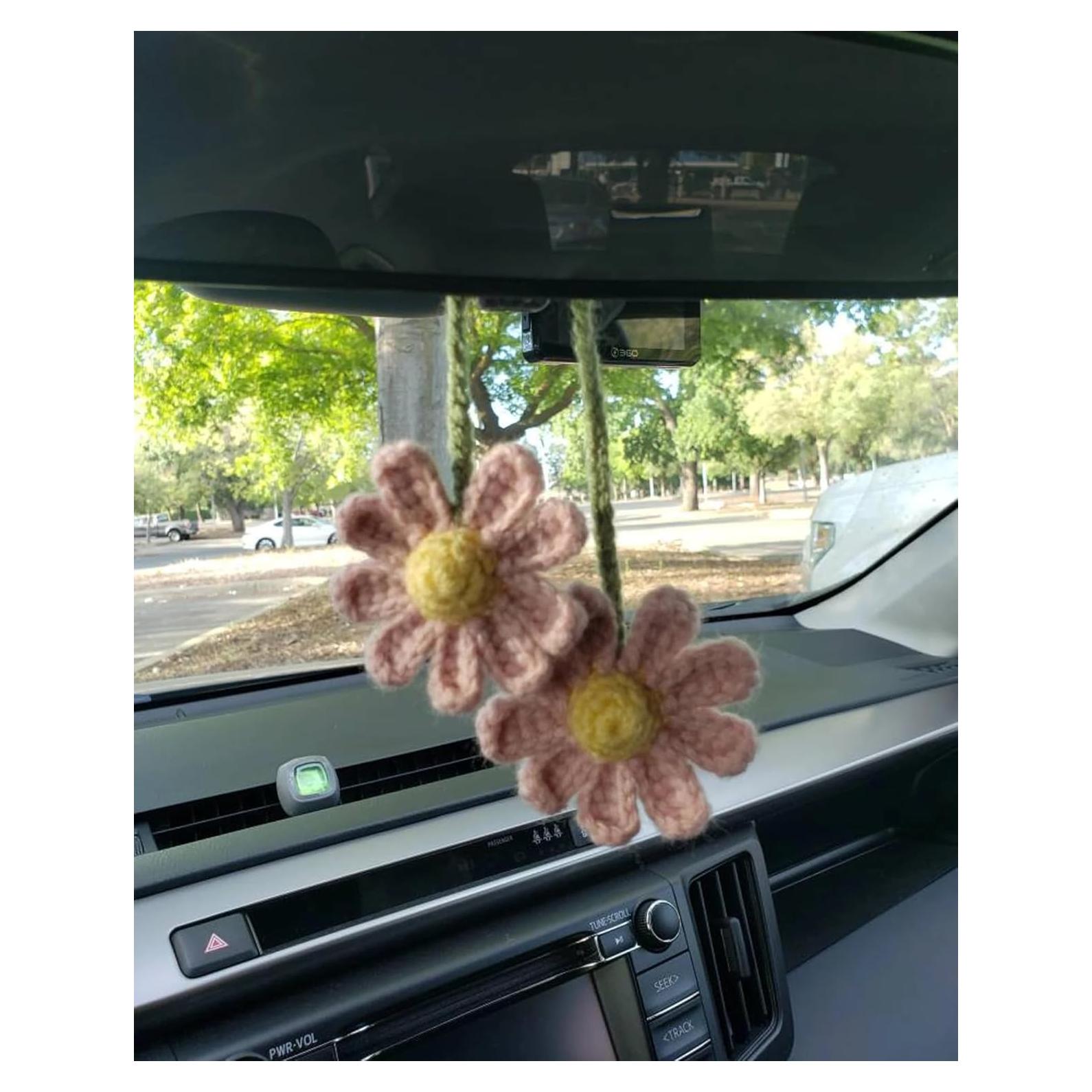 Adorno de Ganchillo Margarita Rosa para Espejo Retrovisor