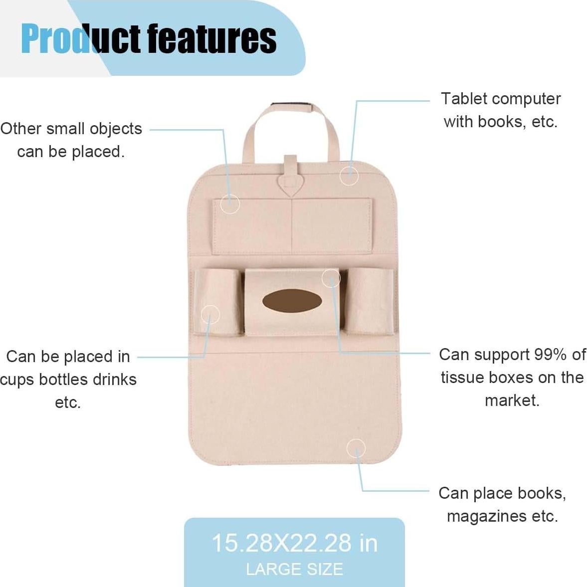 Organizador de respaldo de asiento de coche LAINLOY Fieltro Beige 56.5x38.8cm