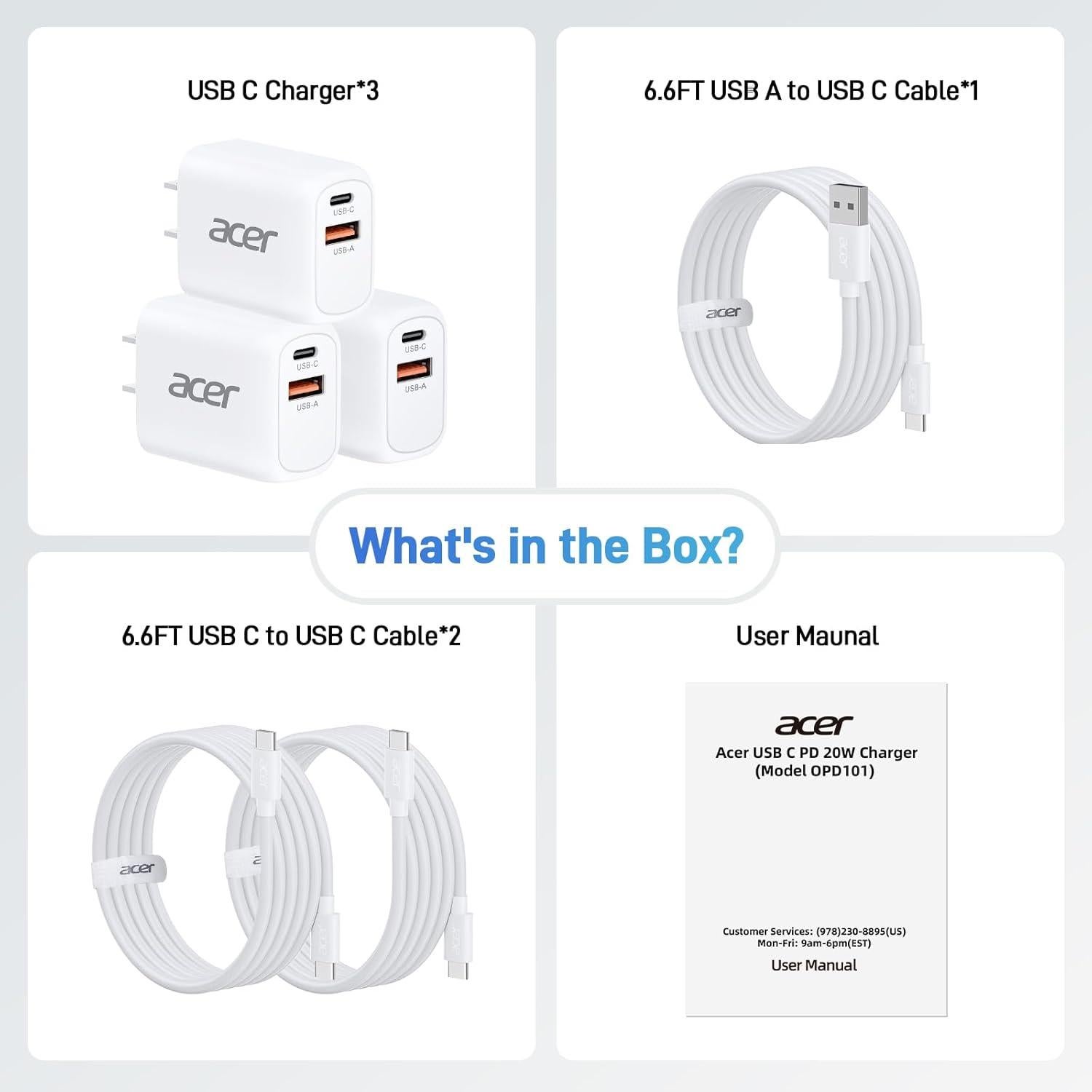 Cargador USB C Acer 20W Doble Puerto Carga Rápida 3 Piezas