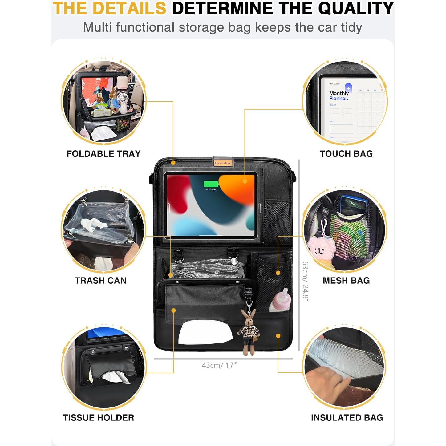 Organizador de Asiento Trasero de Coche Drsvabze - 2 Piezas con Soporte para Tableta y Bandeja Plegable