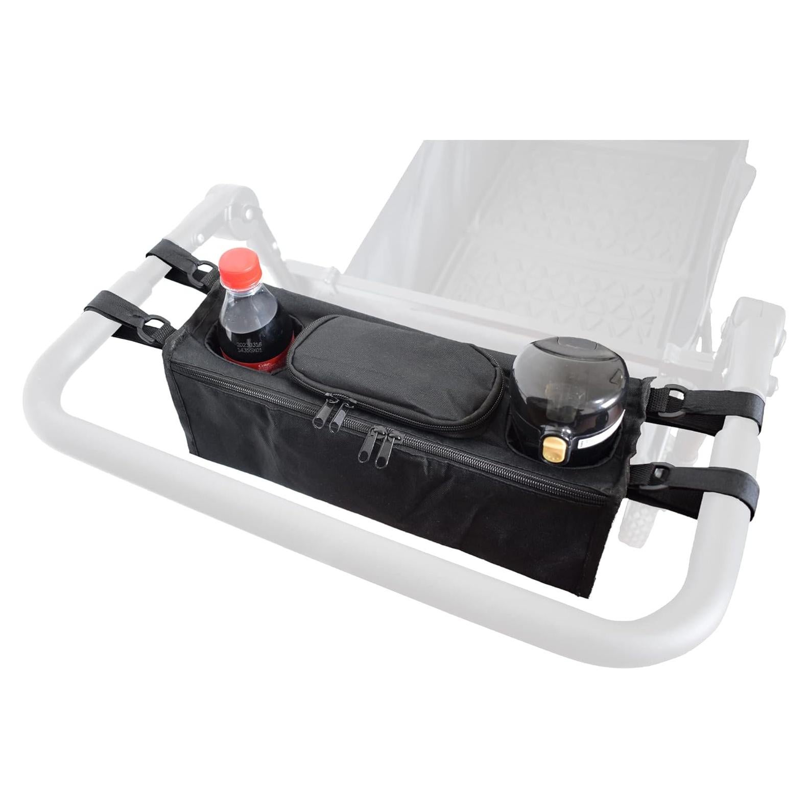 Non-Slip Organizer for Wagon, Parent Console Caddy with Cup Holders Universal for Folding Kids Pet Stroller Adjustable Straps Zippered Pockets Storage Phone Bag Attachment Accessories Black