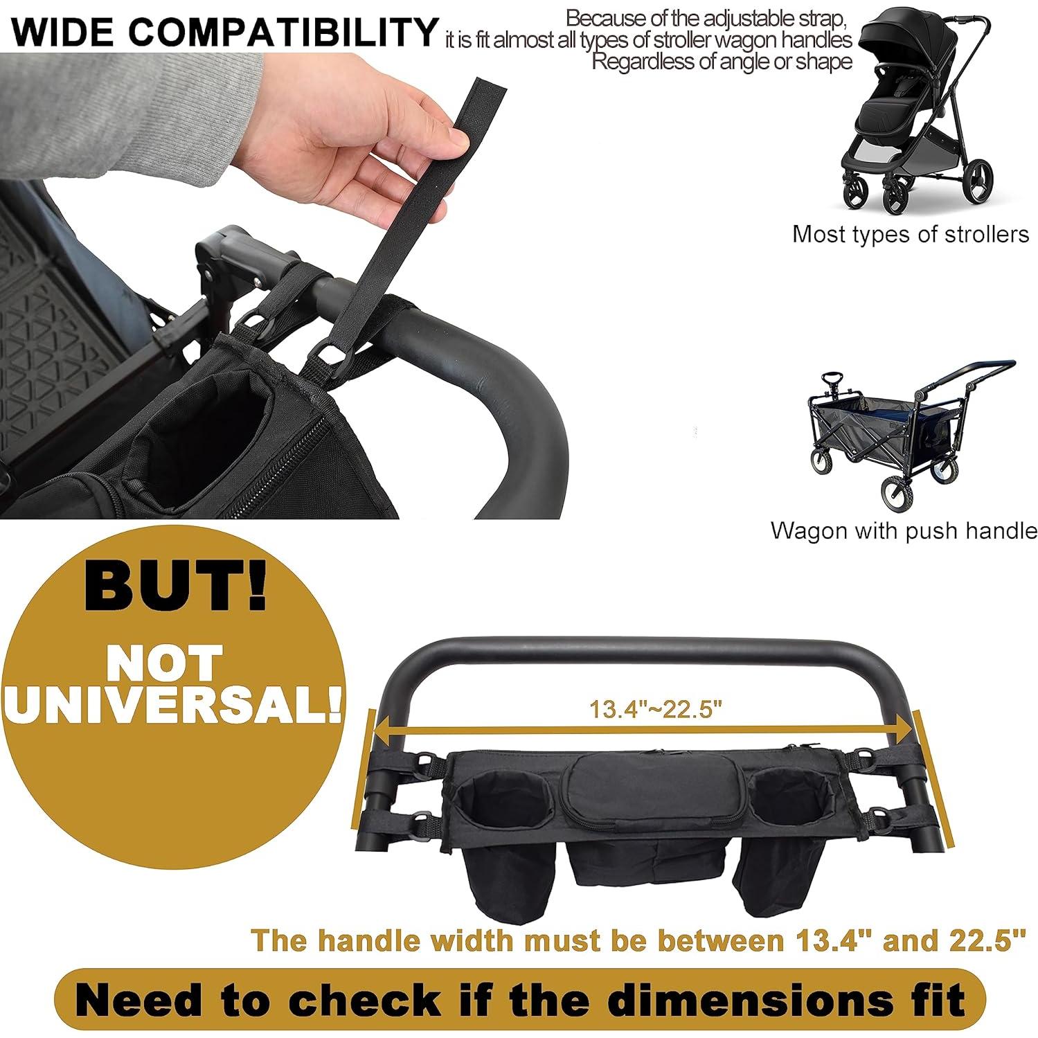 Non-Slip Organizer for Wagon, Parent Console Caddy with Cup Holders Universal for Folding Kids Pet Stroller Adjustable Straps Zippered Pockets Storage Phone Bag Attachment Accessories Black