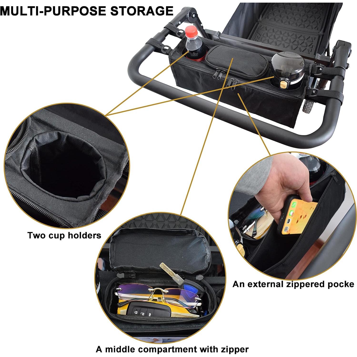 Non-Slip Organizer for Wagon, Parent Console Caddy with Cup Holders Universal for Folding Kids Pet Stroller Adjustable Straps Zippered Pockets Storage Phone Bag Attachment Accessories Black