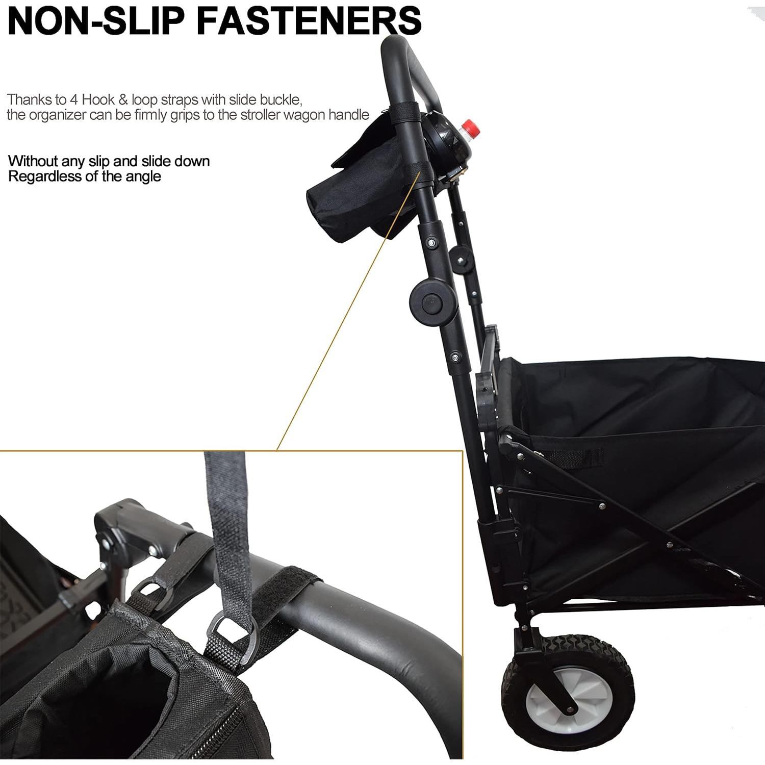 Non-Slip Organizer for Wagon, Parent Console Caddy with Cup Holders Universal for Folding Kids Pet Stroller Adjustable Straps Zippered Pockets Storage Phone Bag Attachment Accessories Black