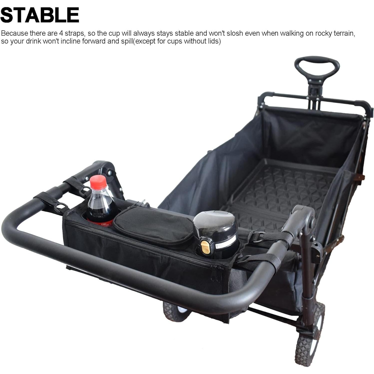 Non-Slip Organizer for Wagon, Parent Console Caddy with Cup Holders Universal for Folding Kids Pet Stroller Adjustable Straps Zippered Pockets Storage Phone Bag Attachment Accessories Black