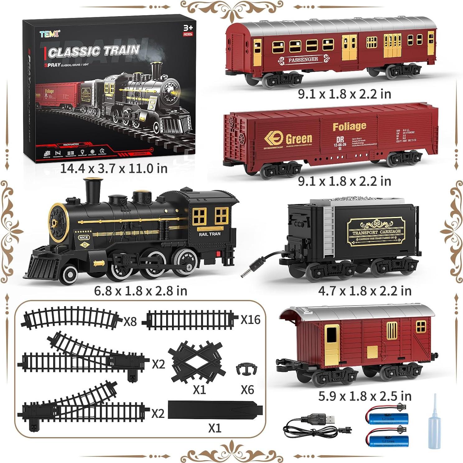 Juego de tren TEMI eléctrico con humo y luces para niños