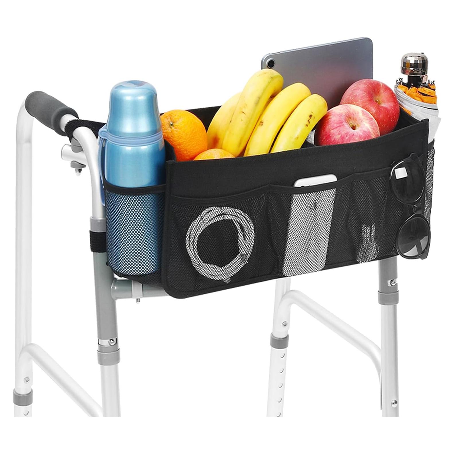 Cesta de Andador CTWWFS Negra Plegable con Soporte para Taza