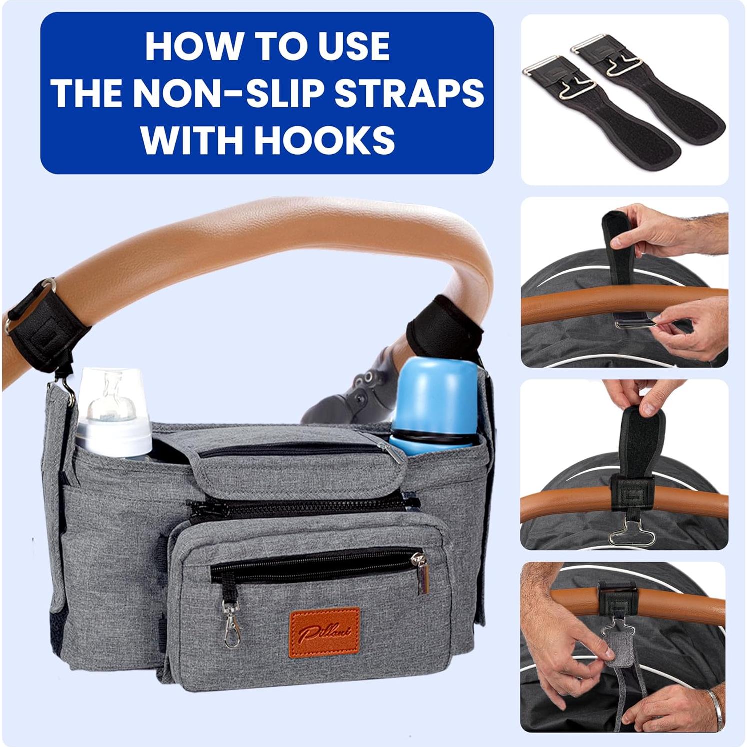 Caddy para Cochecito Pillani Gris - Organizador Universal con Portavasos