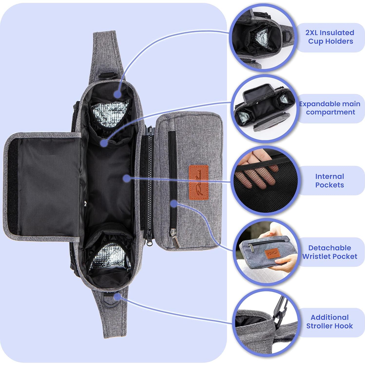 Caddy para Cochecito Pillani Gris - Organizador Universal con Portavasos
