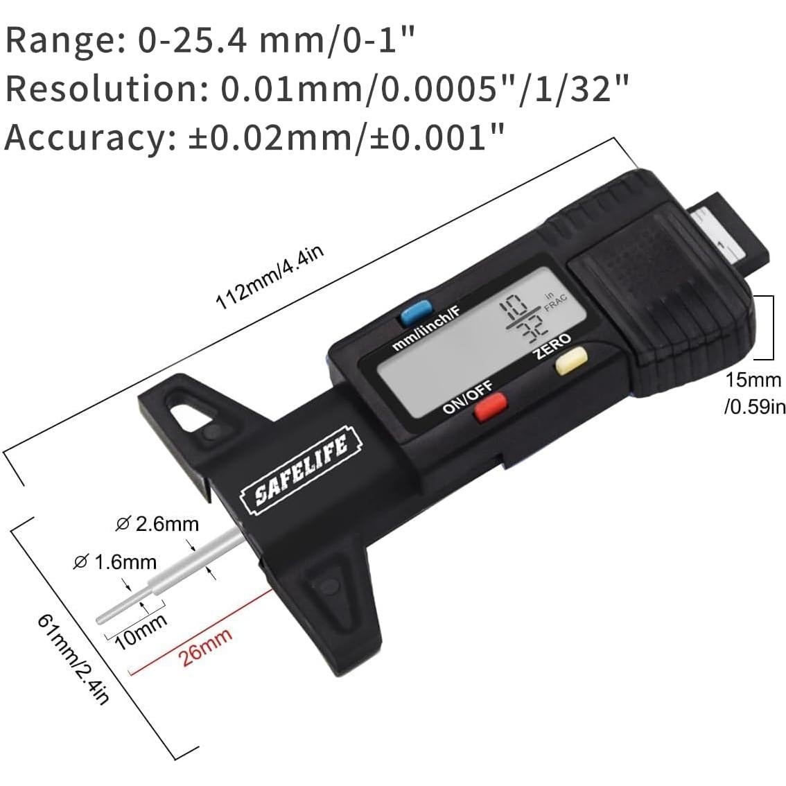 Medidor Digital de Profundidad de Banda de Rodadura SAFELIFE - Negro