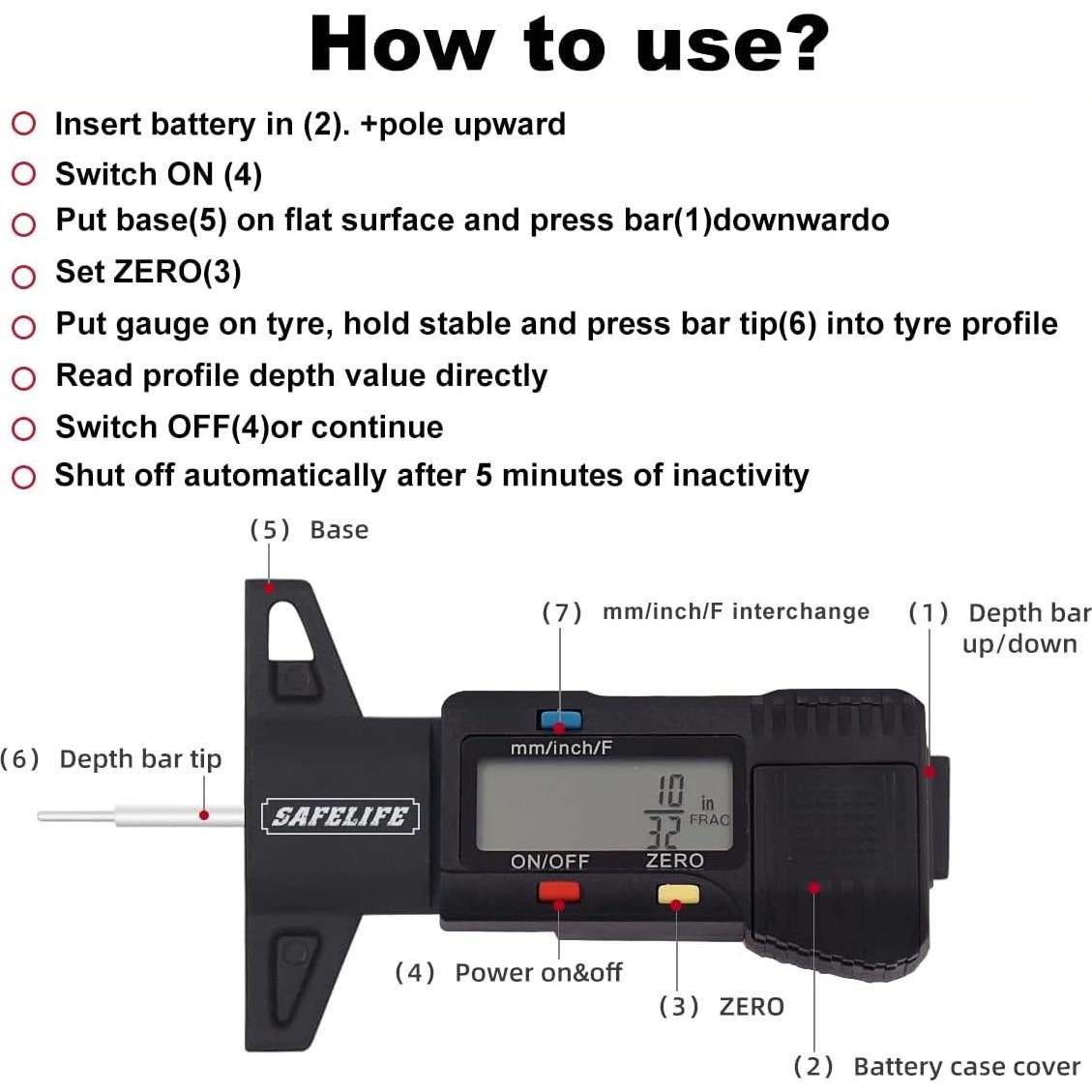 Medidor Digital de Profundidad de Banda de Rodadura SAFELIFE - Negro