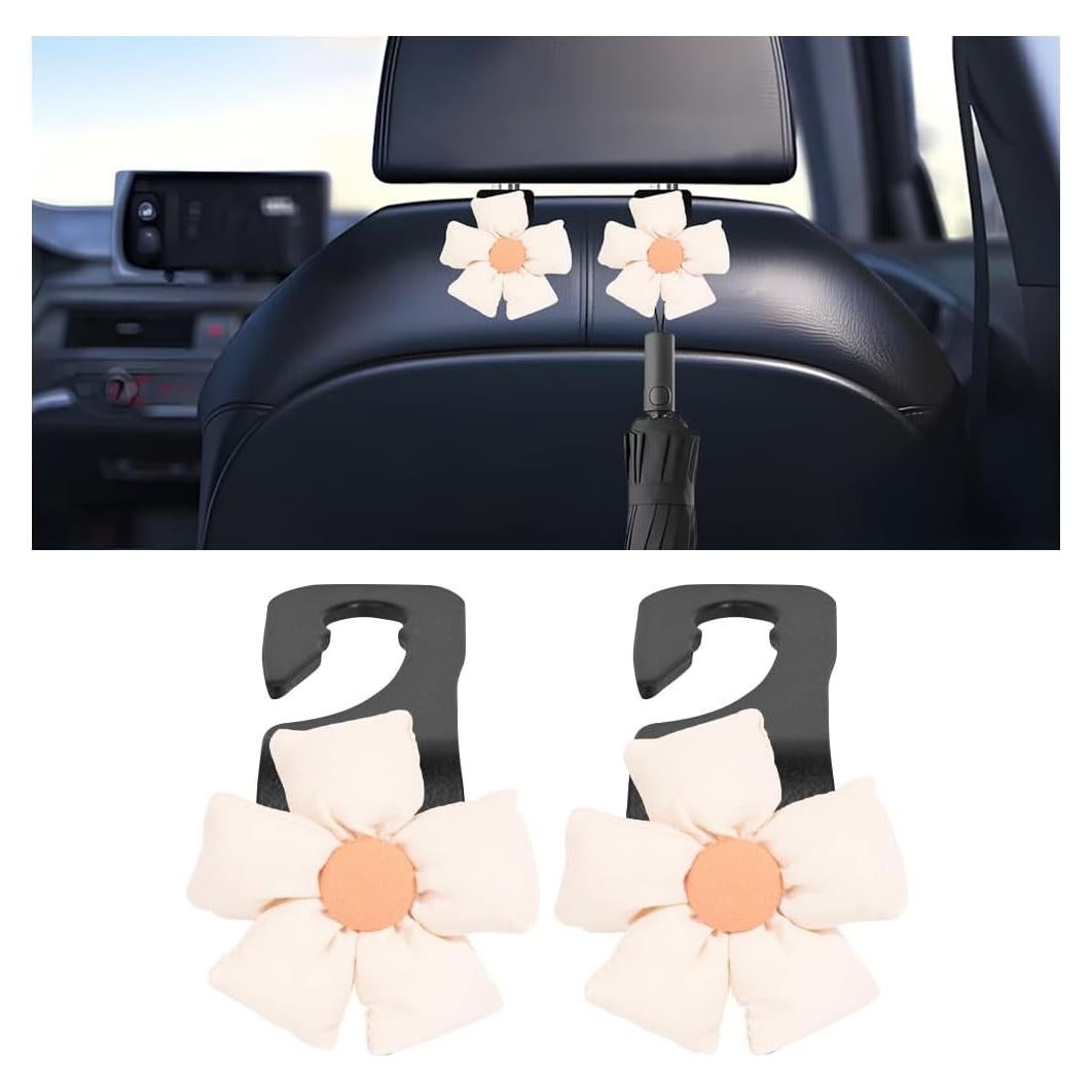 Car Seat Headrest Hooks, 2PCS Cute Flower Vehicle Seat Back Organizer Holder for Purses Bags Grocery, Automotive Interior Storage Hanger Decoration Accessories, Universal Fit (Black/Beige)