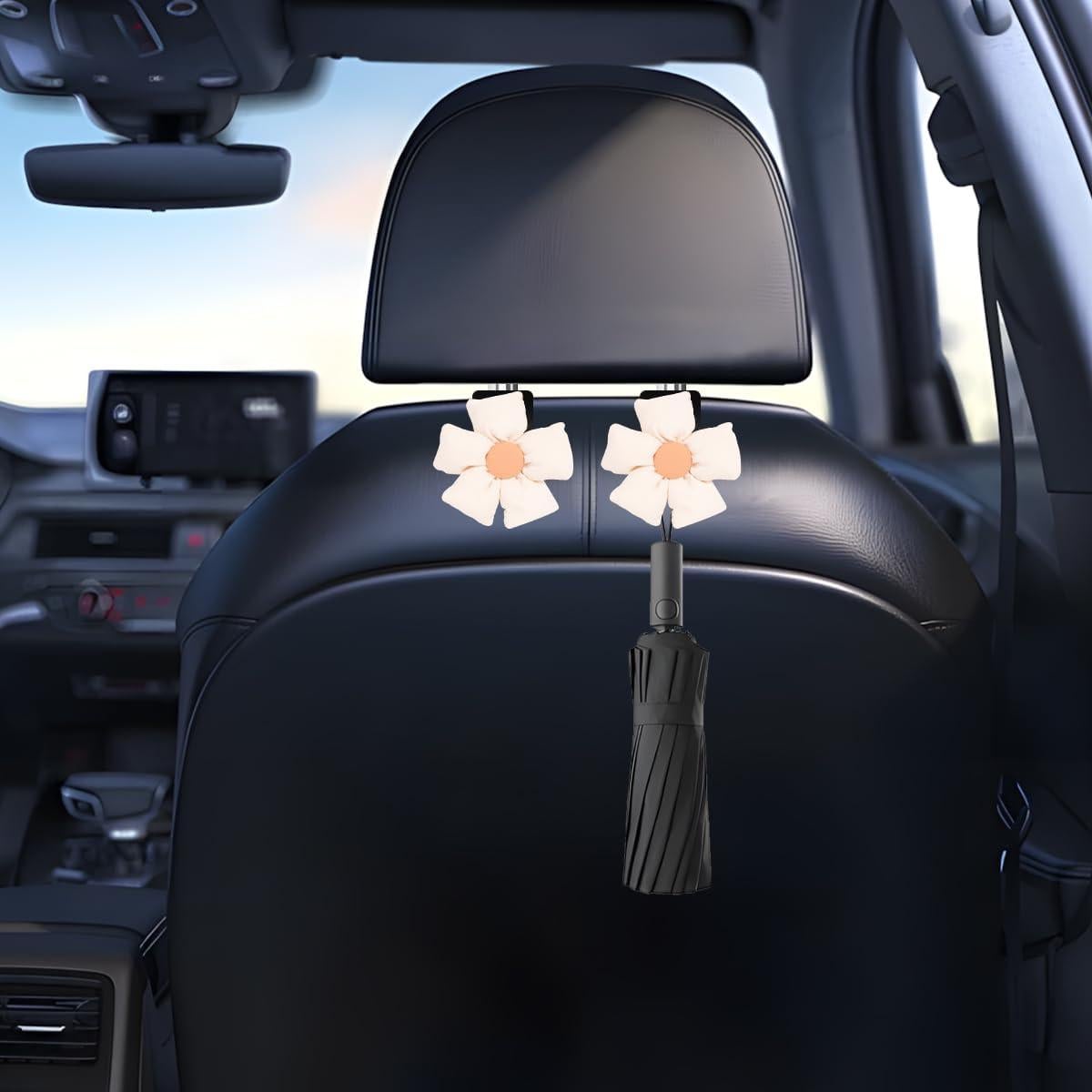 Car Seat Headrest Hooks, 2PCS Cute Flower Vehicle Seat Back Organizer Holder for Purses Bags Grocery, Automotive Interior Storage Hanger Decoration Accessories, Universal Fit (Black/Beige)