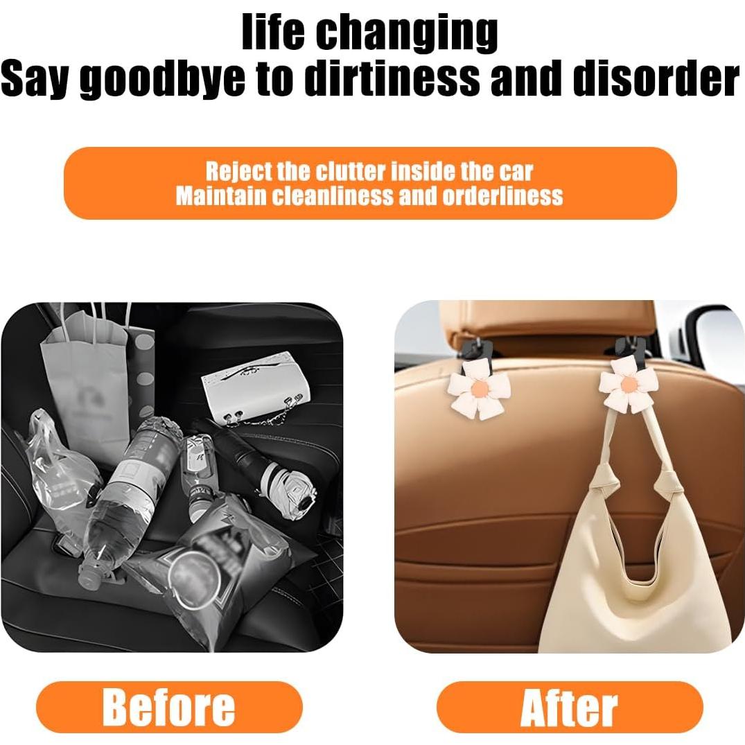 Car Seat Headrest Hooks, 2PCS Cute Flower Vehicle Seat Back Organizer Holder for Purses Bags Grocery, Automotive Interior Storage Hanger Decoration Accessories, Universal Fit (Black/Beige)