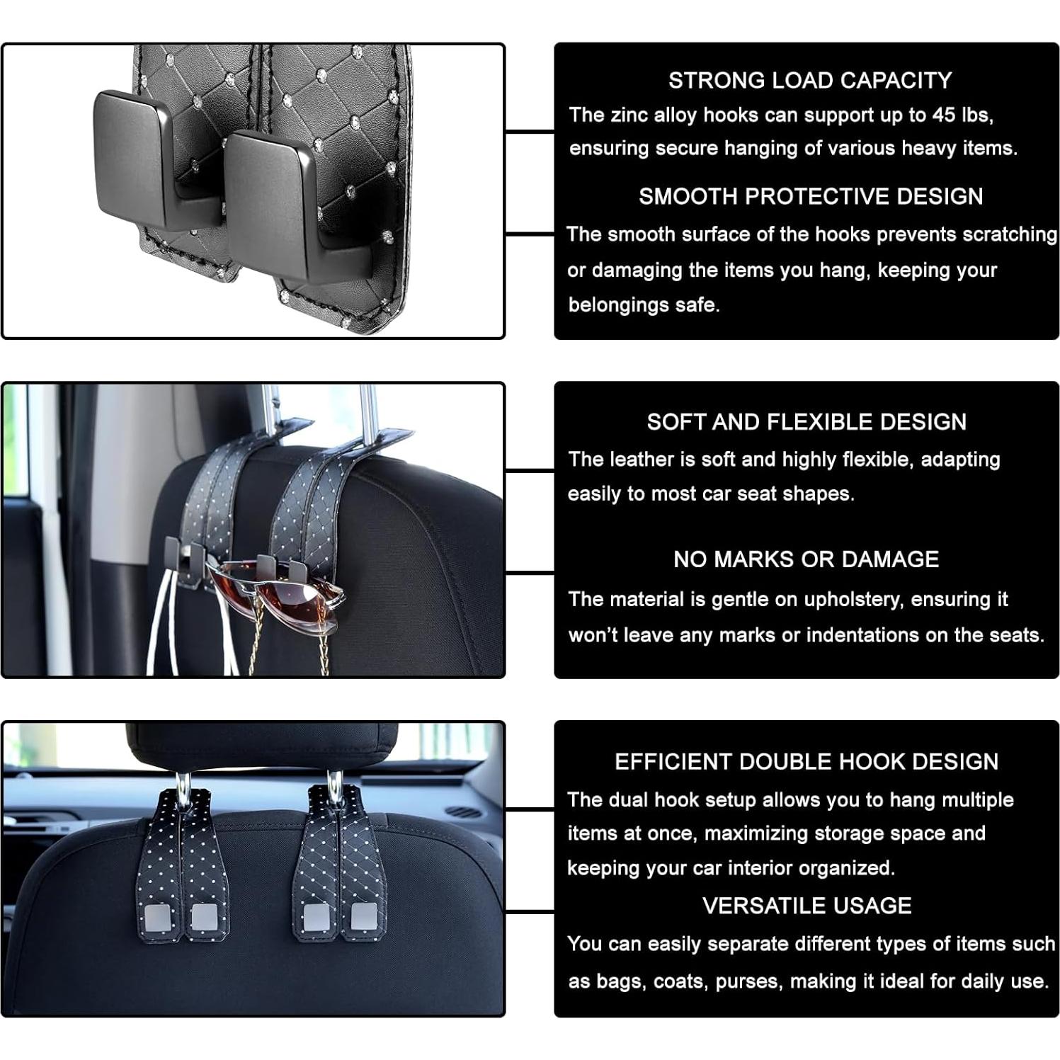 Ganchos de Cabezal de Asiento de Coche Rirether - 2 Piezas de Cuero Negro
