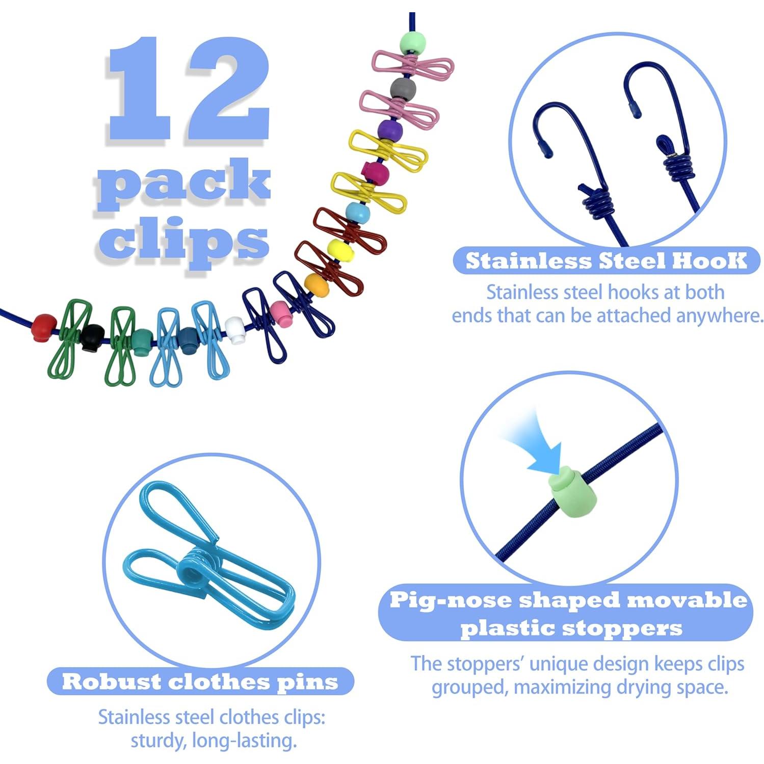 Cuerda de Ropa Portátil JHHSYU 3.05m con 12 Clips Azul