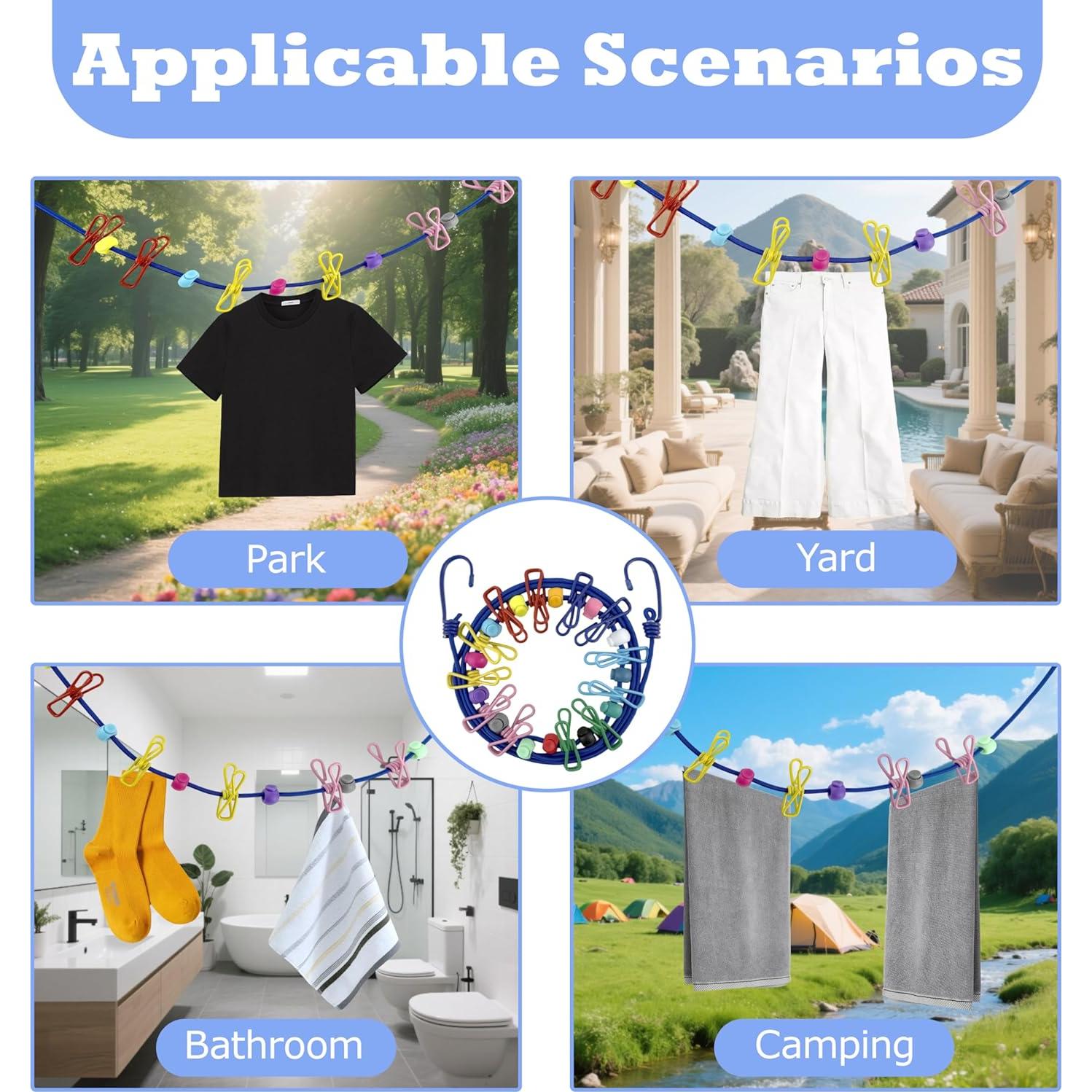 Cuerda de Ropa Portátil JHHSYU 3.05m con 12 Clips Azul