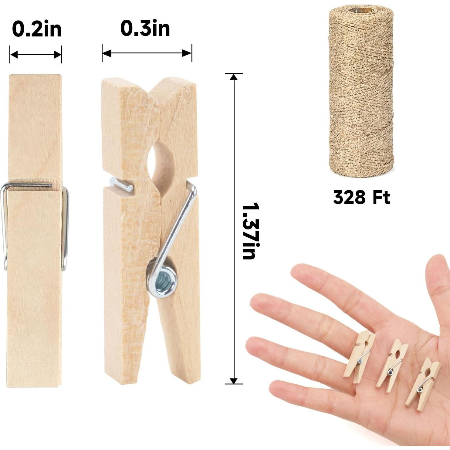 Pinzas de Madera Natural jijAcraft con Cuerda de Yute 100 Pcs