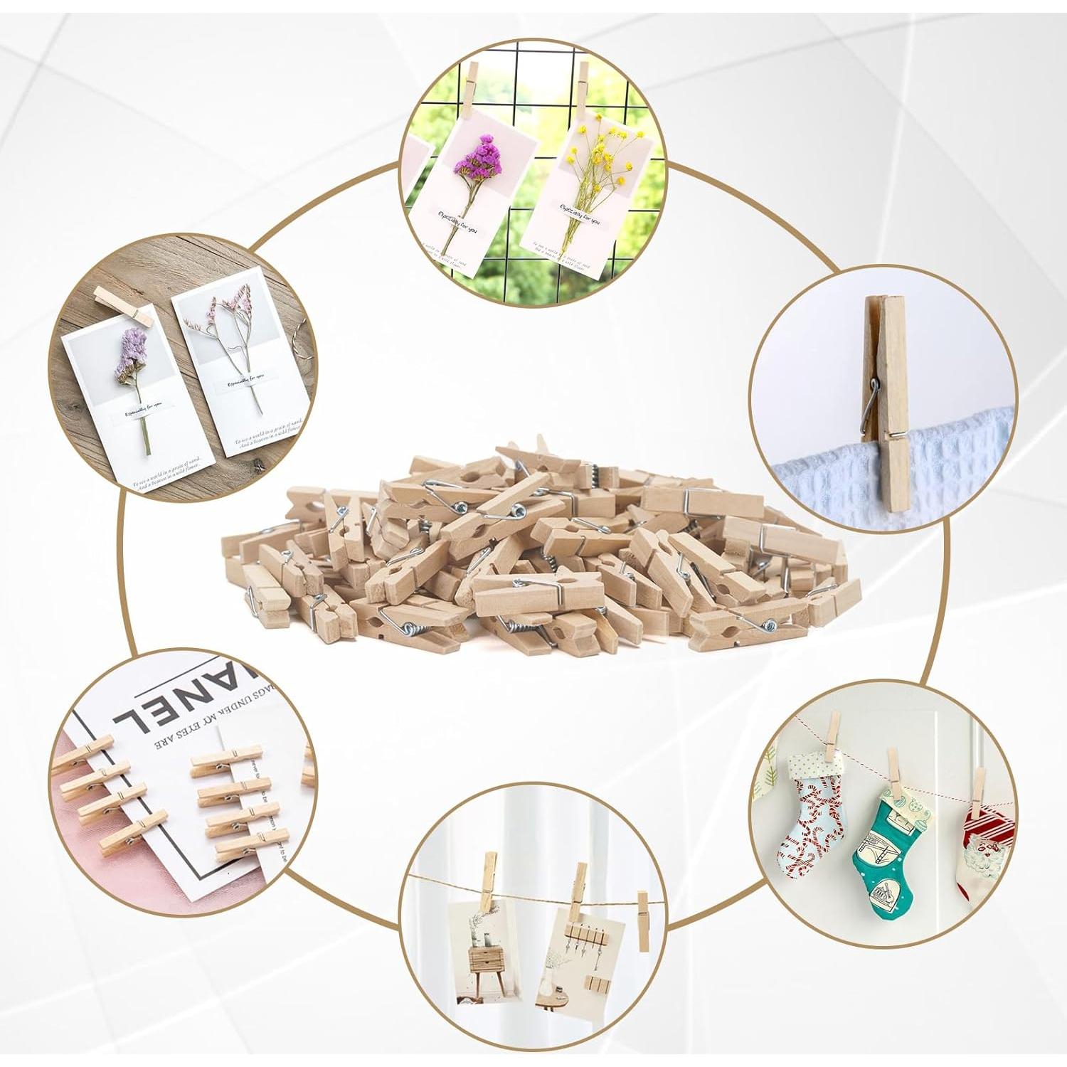 Pinzas de Madera Natural jijAcraft con Cuerda de Yute 100 Pcs