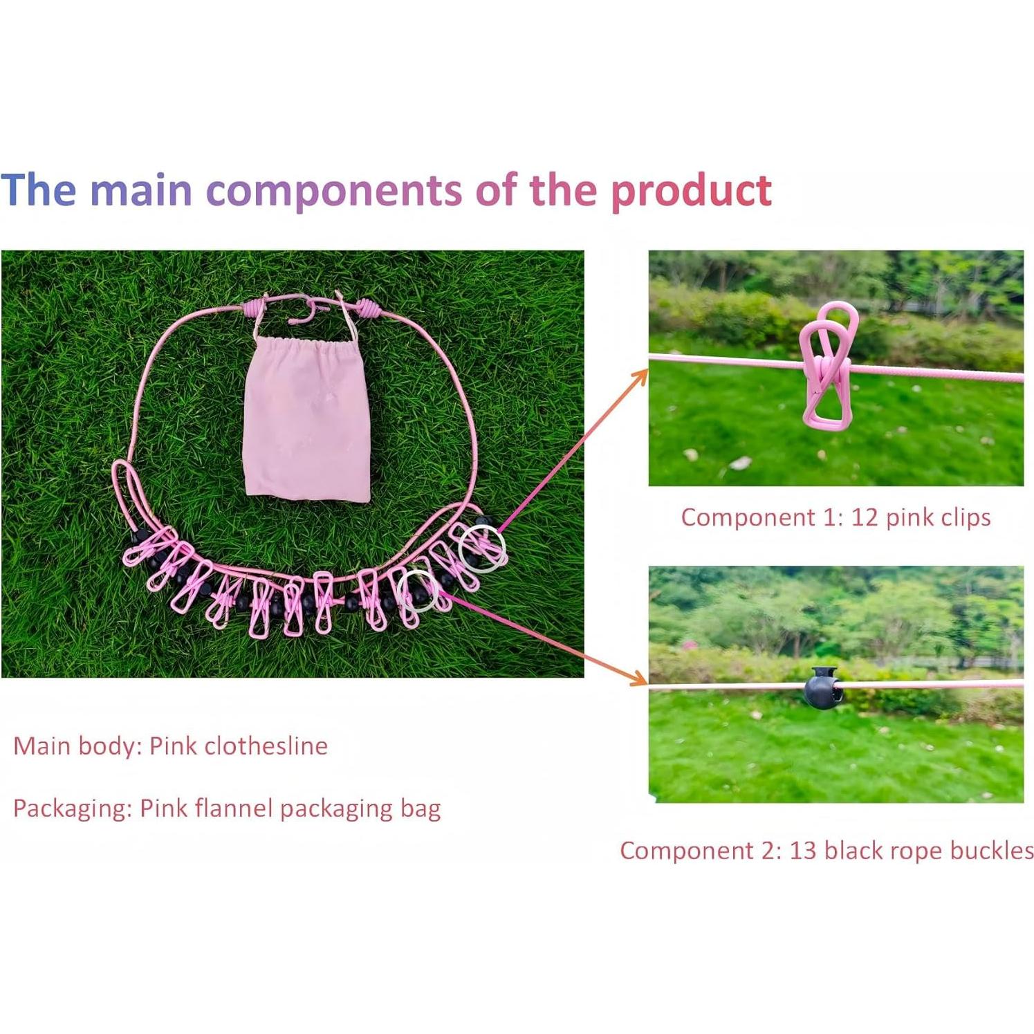 Cuerda de Ropa Retráctil Rosa Genérico 1.83-3.05m con Clips