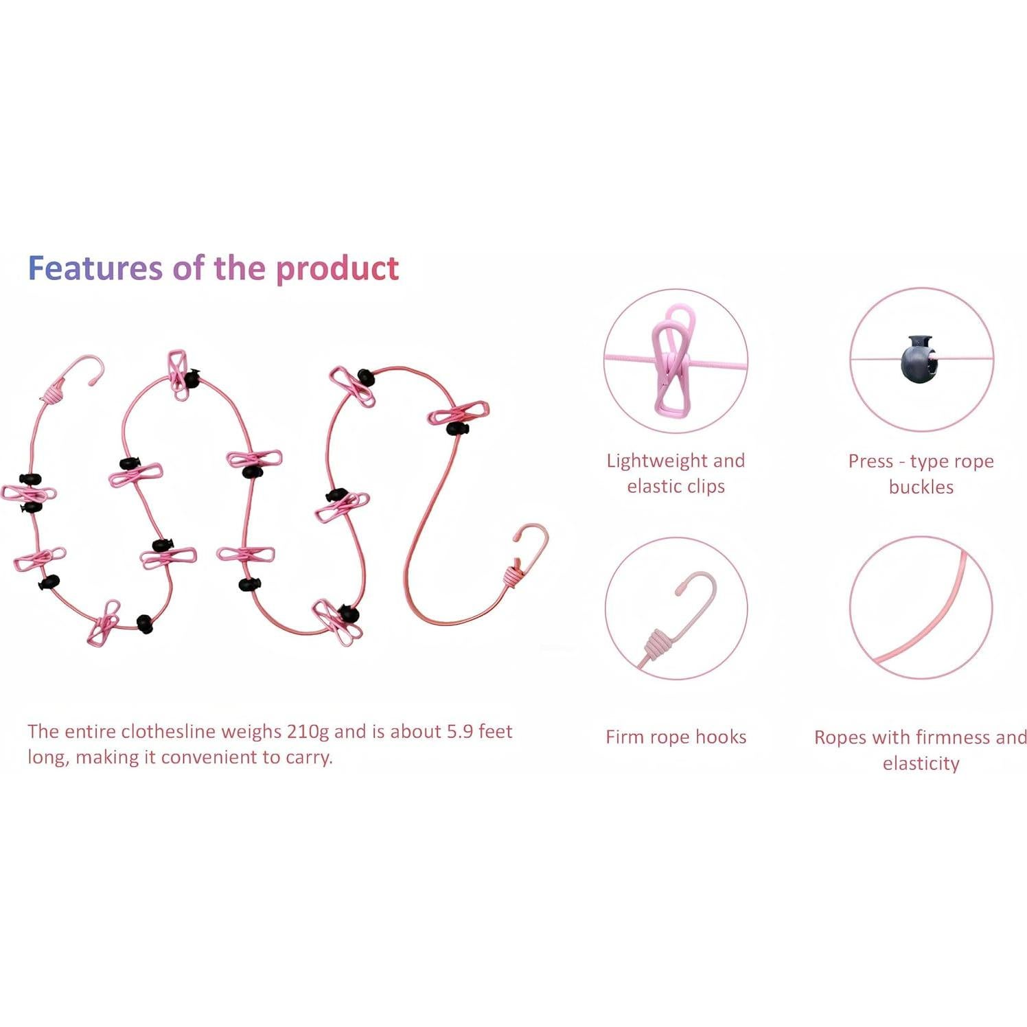 Cuerda de Ropa Retráctil Rosa Genérico 1.83-3.05m con Clips