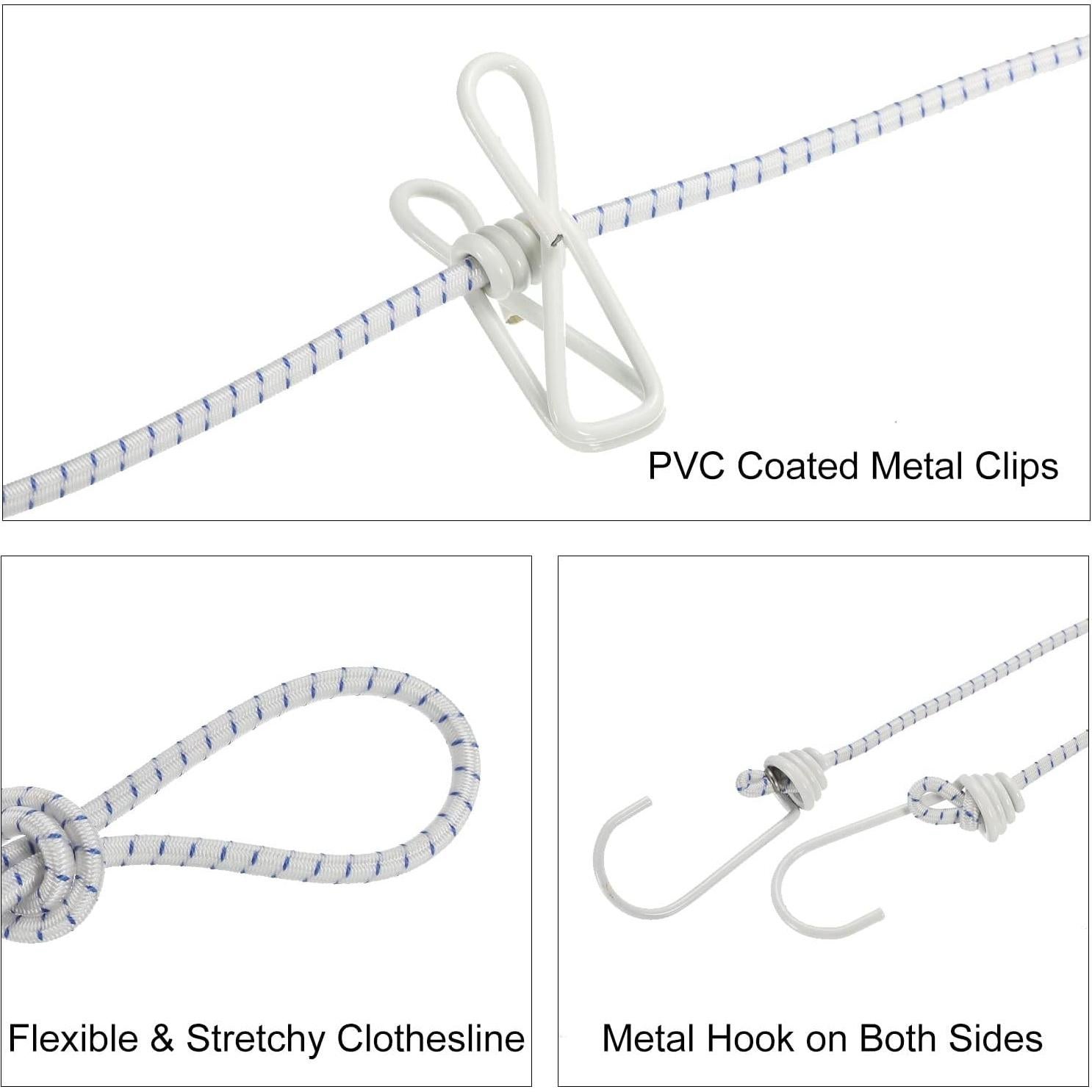 Cuerda de Ropa Elástica uxcell 1.85m con 12 Pinzas Blanca