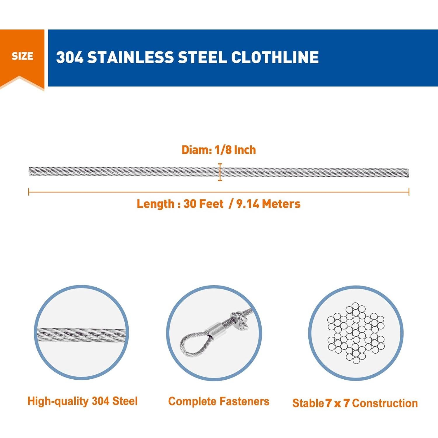 Cable de Ropa Portátil MAGZO 9.14m Acero Inoxidable 226.8kg