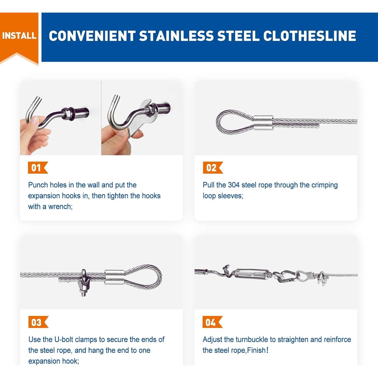 Cable de Ropa Portátil MAGZO 9.14m Acero Inoxidable 226.8kg