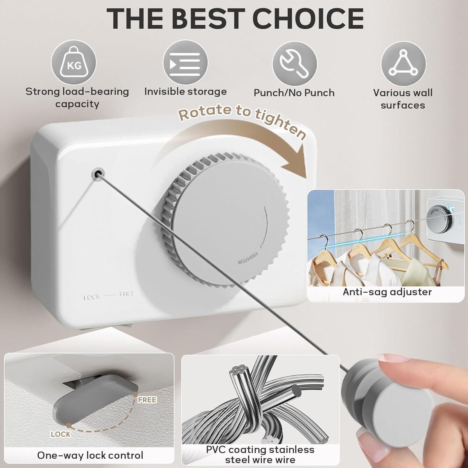 Cuerda de Ropa Retráctil Ruirgo 4.2m Antisag Acero Inoxidable