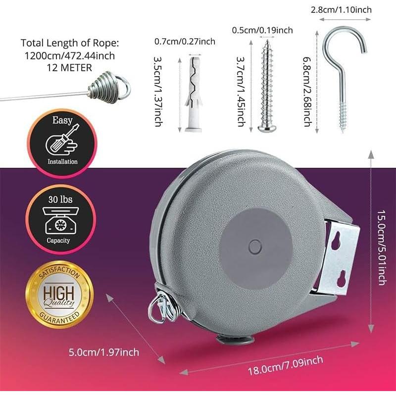 Cuerda Retráctil para Ropa 12 Metros Gris - Sensible Creations