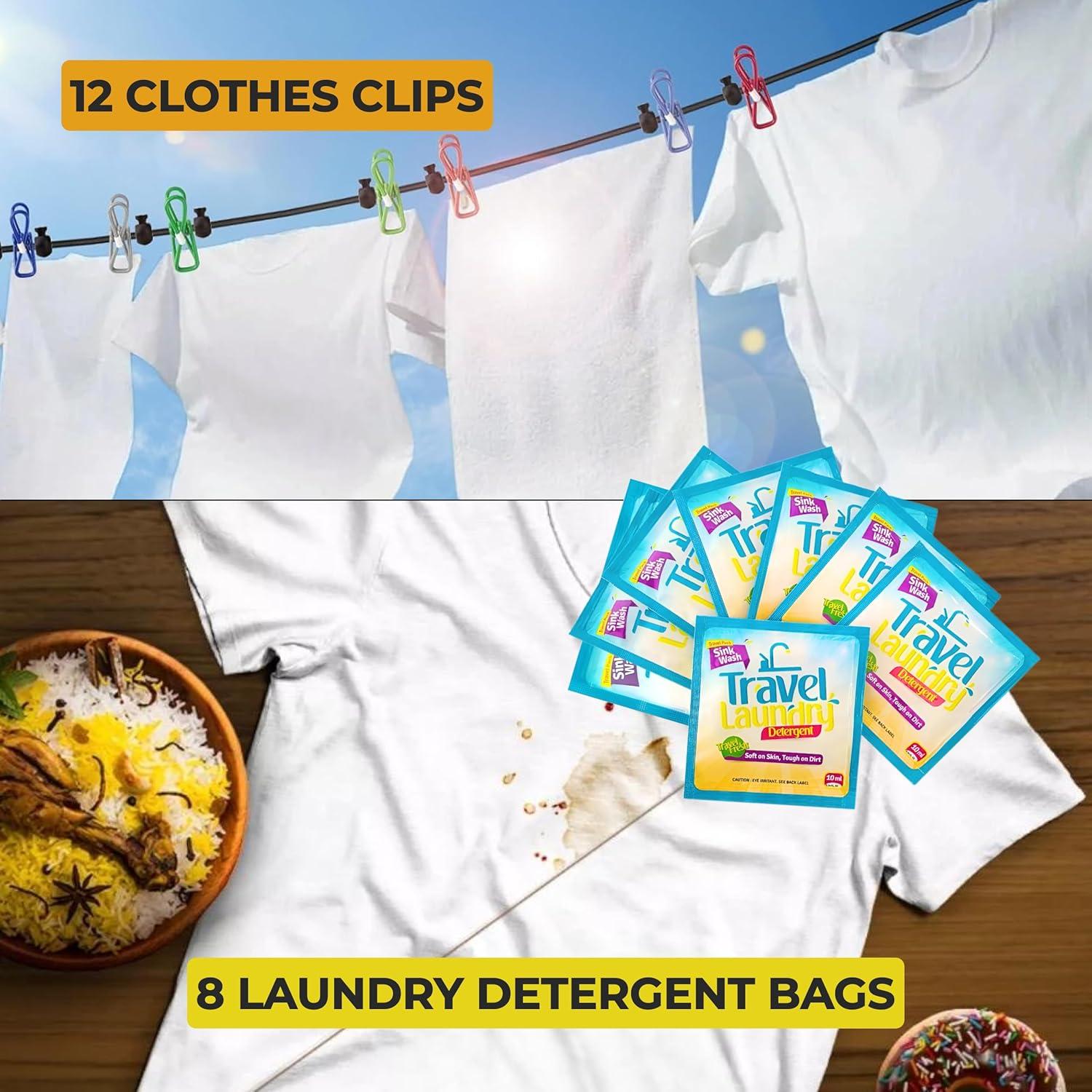 Kit de Lavandería de Viaje Skywin: 8 Detergentes 10ml + Línea de Ropa