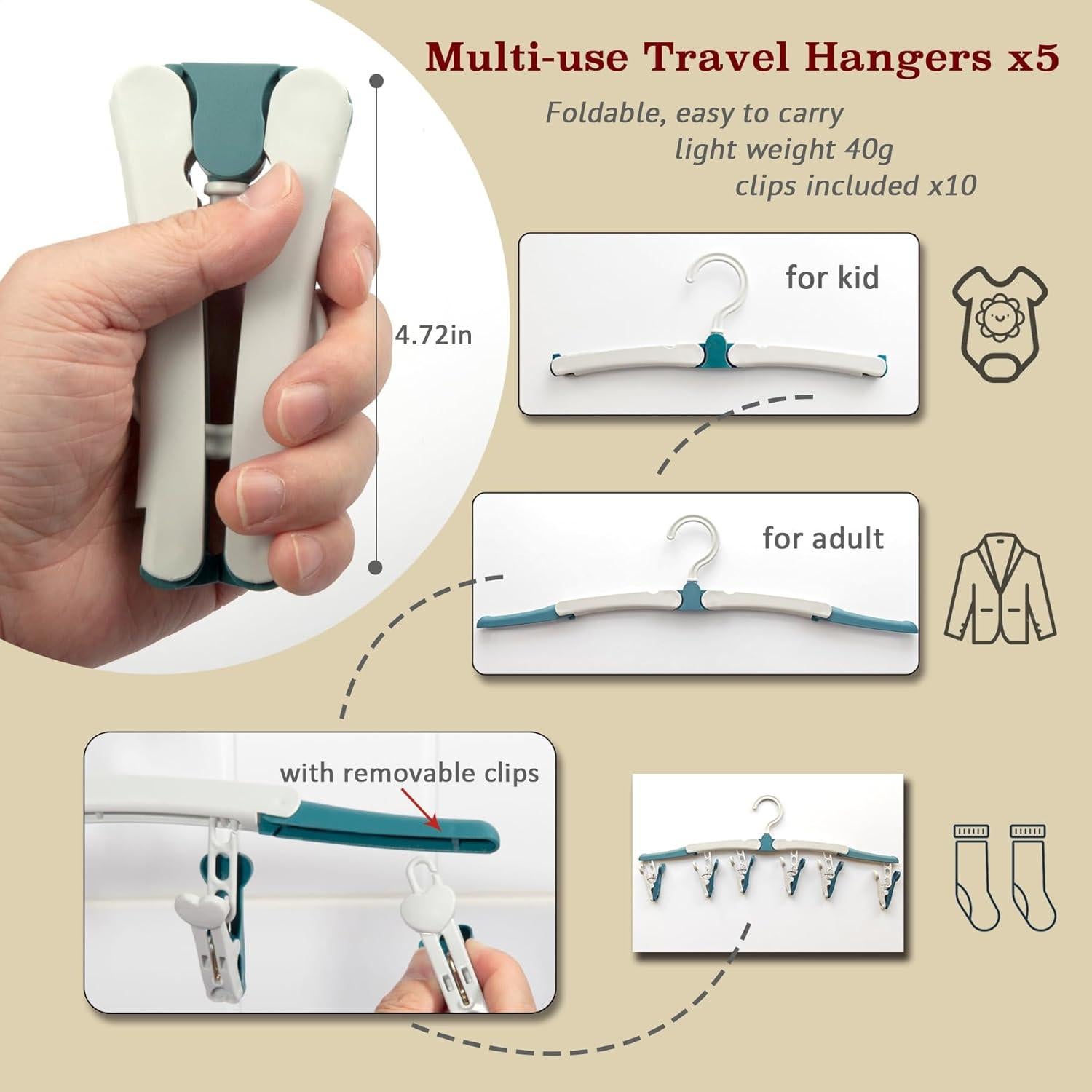 Soporte Plegable de Secado TASEVO con 5 Perchas y Gancho