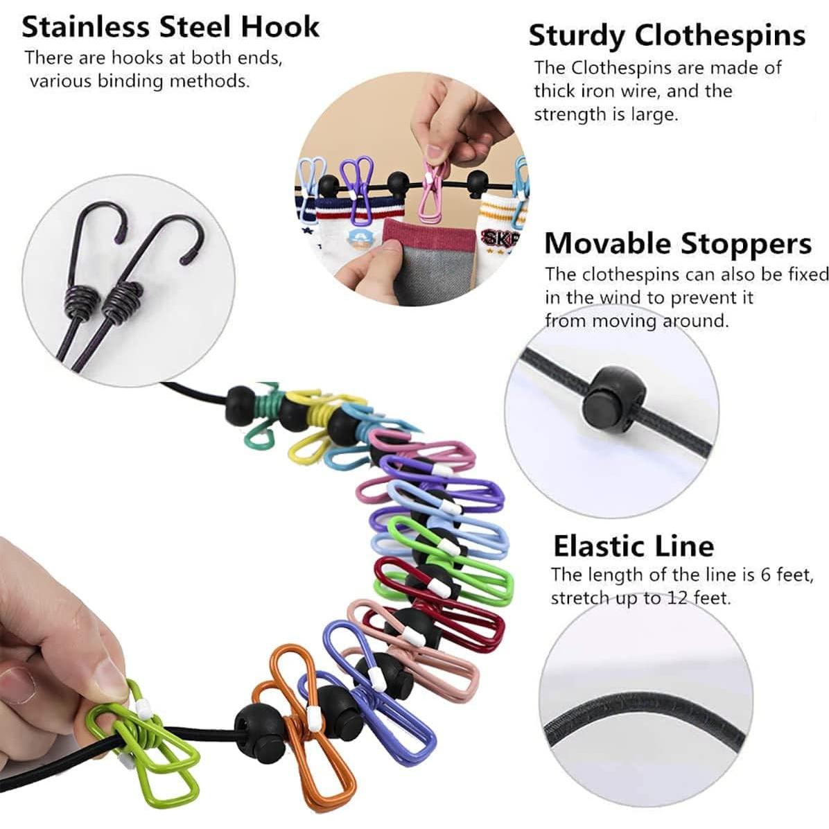 Cuerda de Ropa Portátil Vshinic 3.35m con 12 Pinzas Coloridas