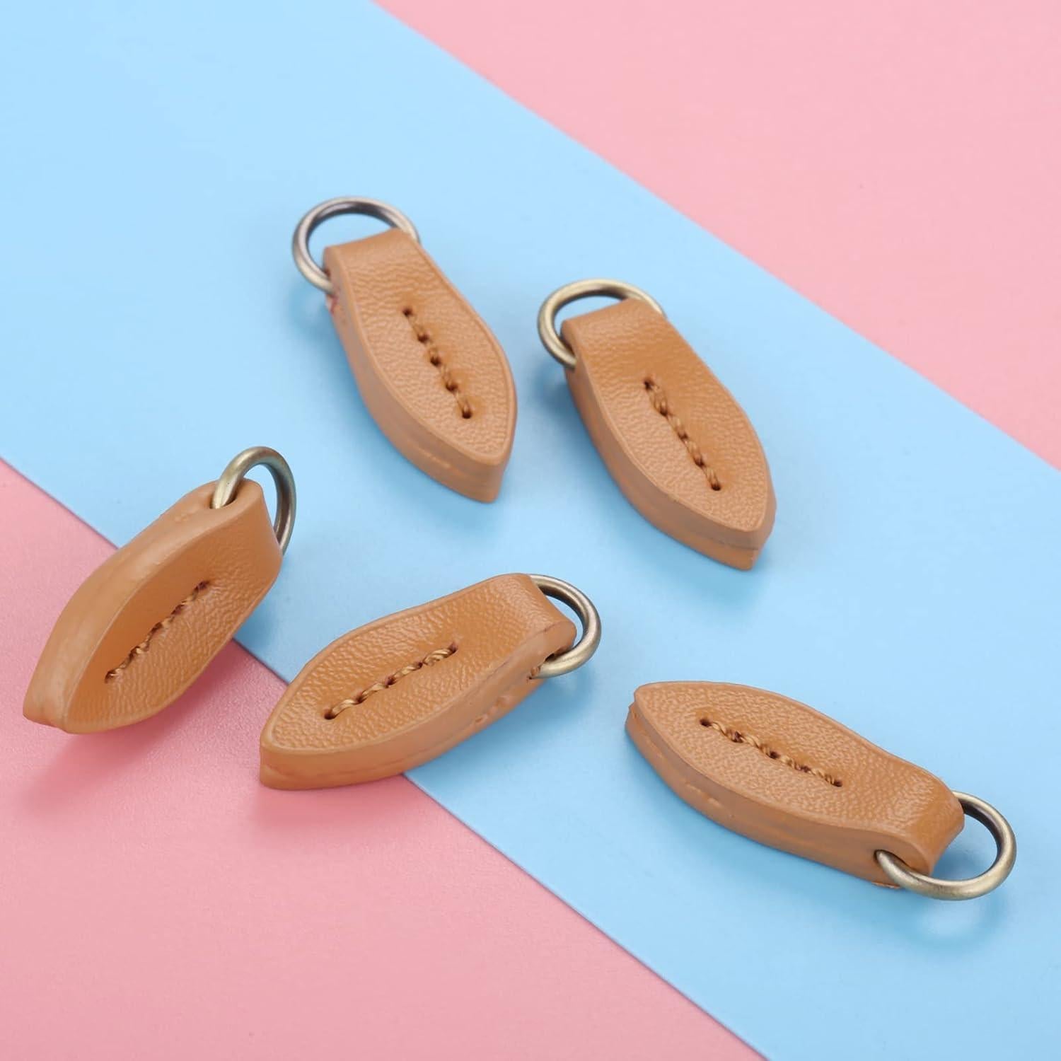 5 Tiradores de Cremallera de Cuero Marrón Yetaha 33x11mm