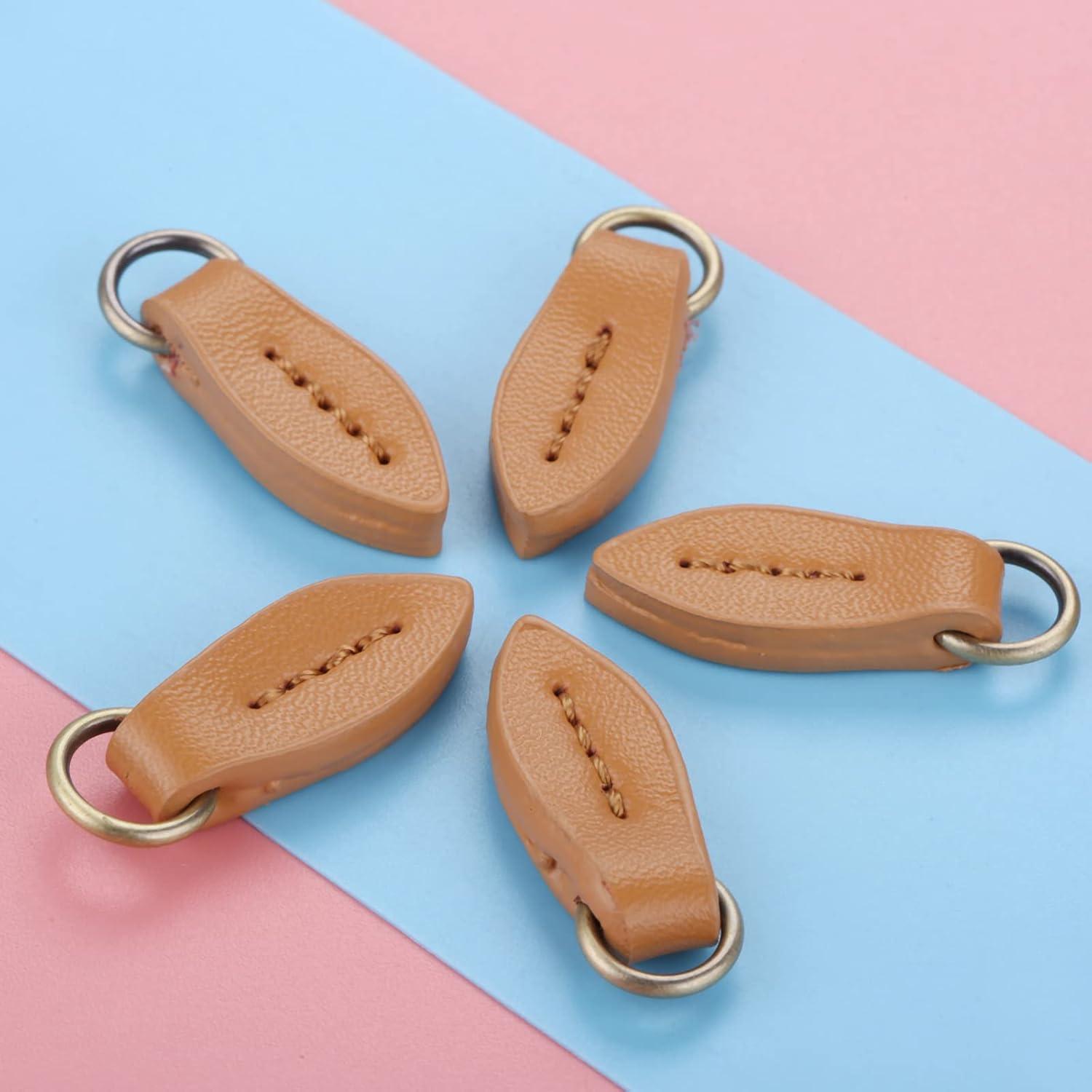 5 Tiradores de Cremallera de Cuero Marrón Yetaha 33x11mm