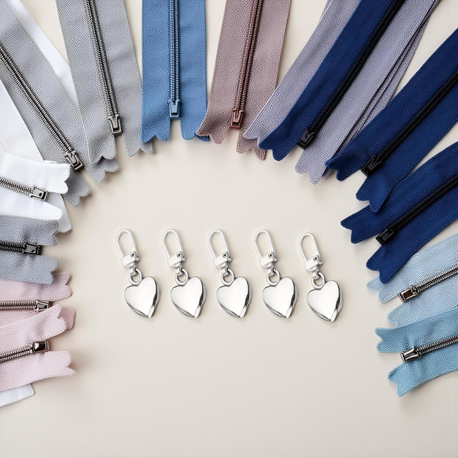 5 Tiradores de Cremallera Corazón Plateados Galepromot