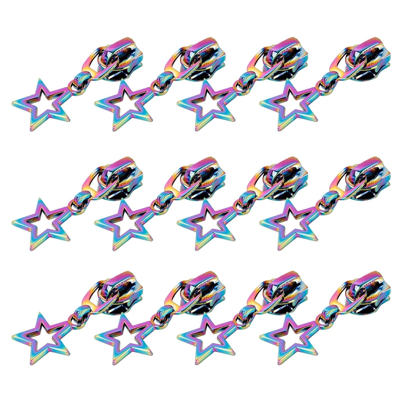 Framendino, 12 Pack Metal Zipper Pulls #5 Star Shaped Rainbow Pull Replacement Sliders for Purse Bag Luggage