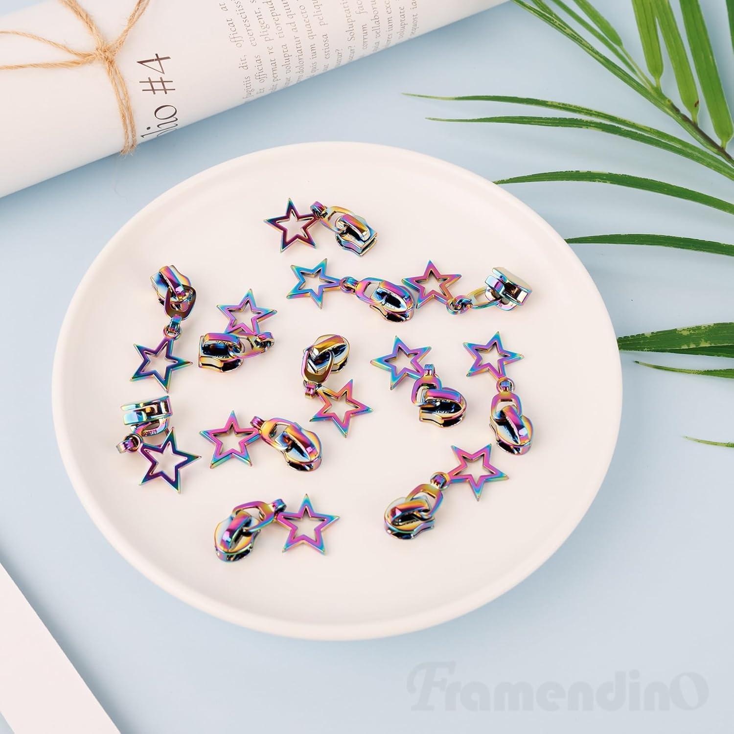 Framendino, 12 Pack Metal Zipper Pulls #5 Star Shaped Rainbow Pull Replacement Sliders for Purse Bag Luggage