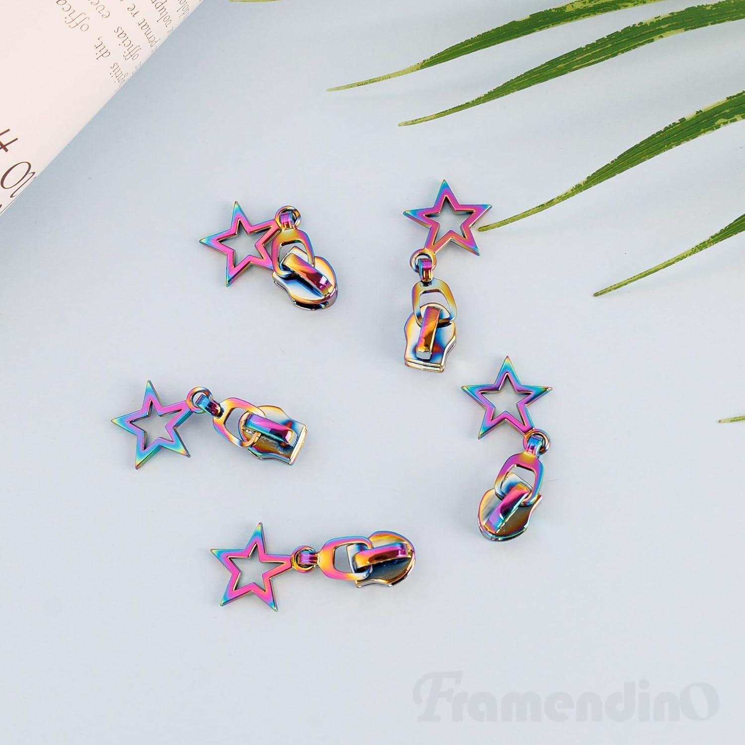 Framendino, 12 Pack Metal Zipper Pulls #5 Star Shaped Rainbow Pull Replacement Sliders for Purse Bag Luggage