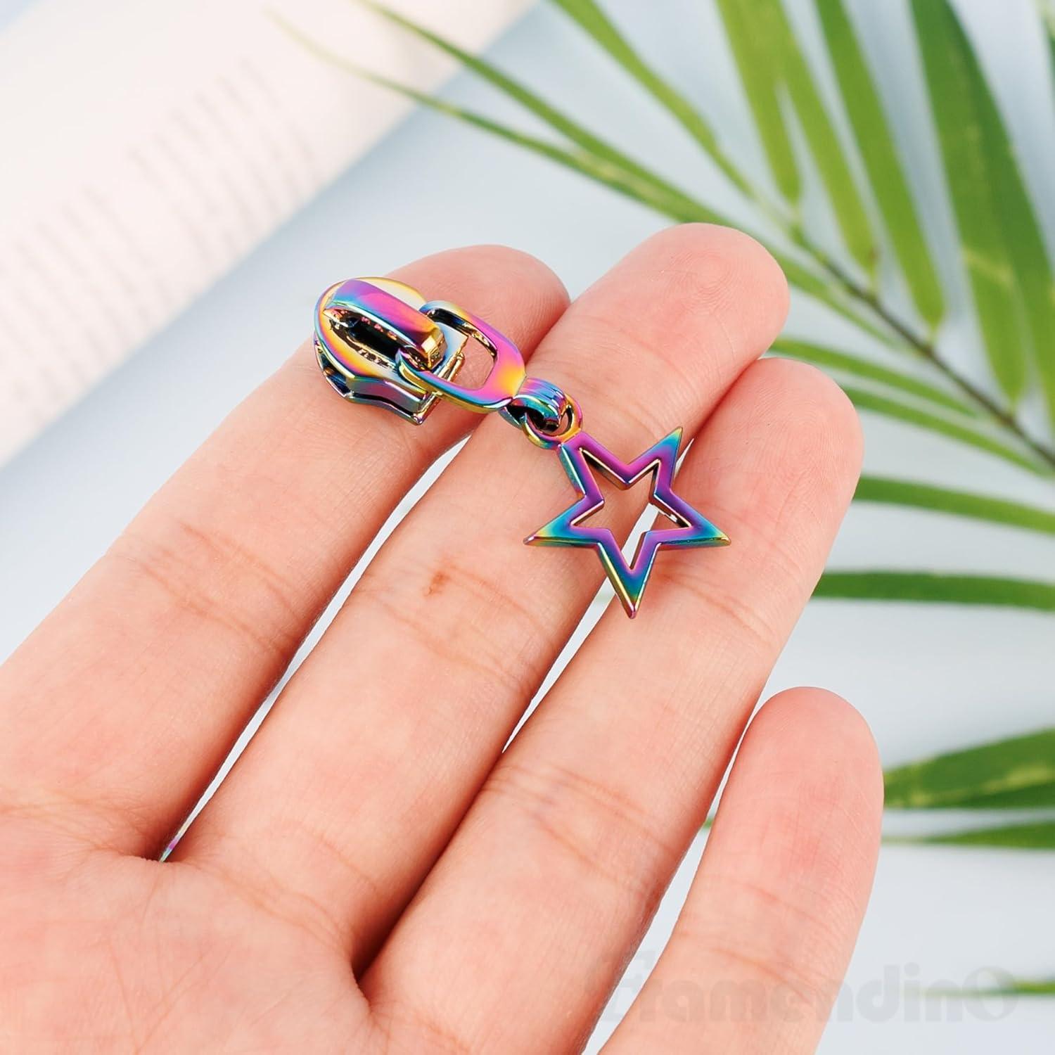 Framendino, 12 Pack Metal Zipper Pulls #5 Star Shaped Rainbow Pull Replacement Sliders for Purse Bag Luggage