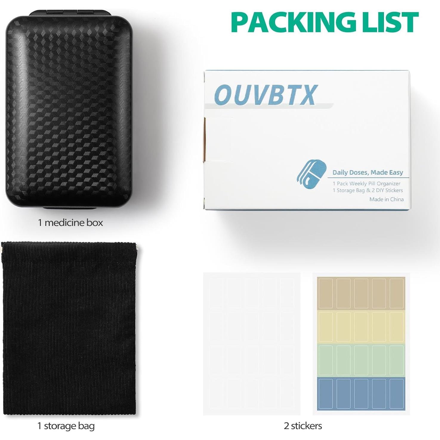 Organizador de Pastillas de Viaje OUVBTX 8 Compartimentos Negro