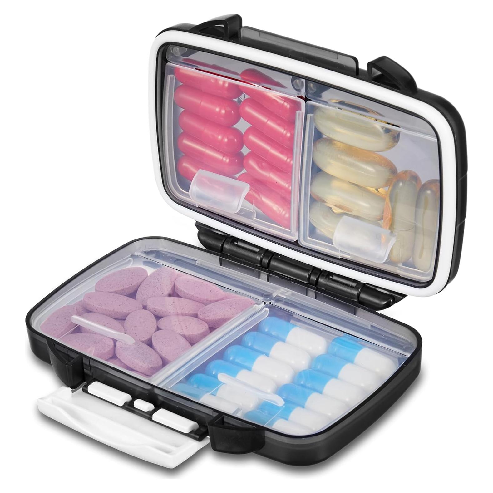 Organizador de Pastillas Fullicon Negro, Caja Portátil 4 Compartimentos
