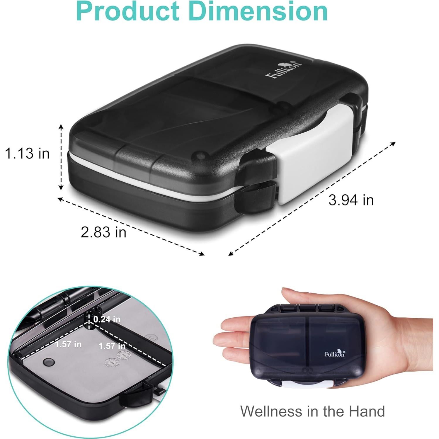 Organizador de Pastillas Fullicon Negro, Caja Portátil 4 Compartimentos