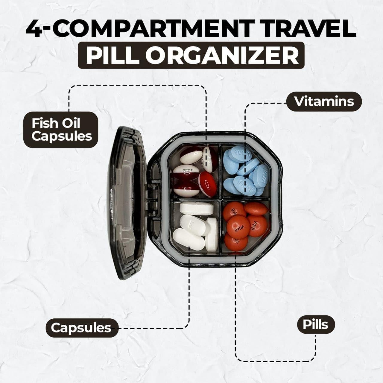 Organizador de Pastillas de Viaje YourRx Gris Compacto 4 Compartimentos